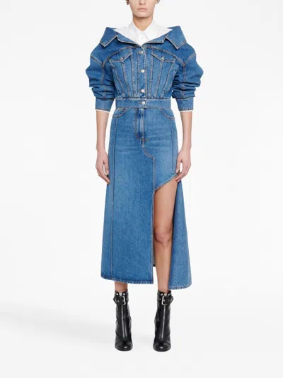 Alexander Mcqueen Denim Midi Skirt With Asymmetric High Slit