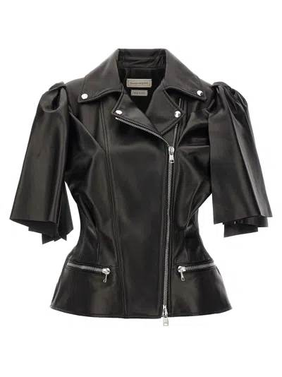 Alexander Mcqueen Women Sleeveless Leather Jacket With Knotted Drapery
