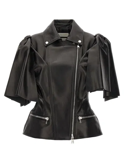 Alexander Mcqueen Women Sleeveless Leather Jacket With Knotted Drapery