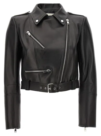 Alexander Mcqueen Black Cropped Biker Jacker With Matching Belt In Smooth Leather Woman