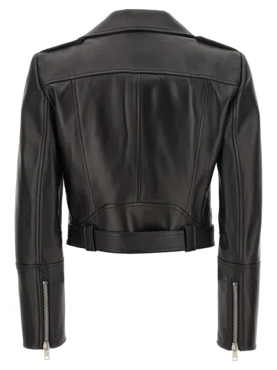 Alexander Mcqueen Black Cropped Biker Jacker With Matching Belt In Smooth Leather Woman