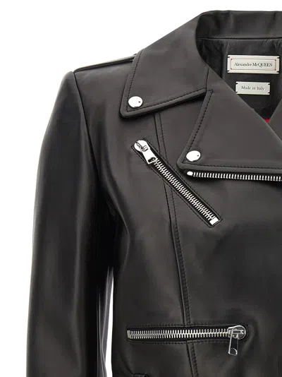 Alexander Mcqueen Black Cropped Biker Jacker With Matching Belt In Smooth Leather Woman
