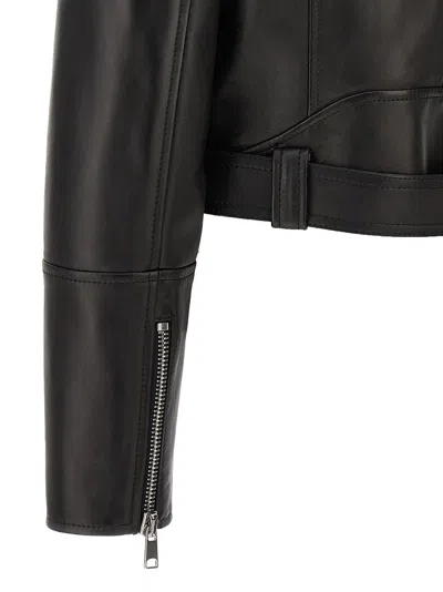 Alexander Mcqueen Black Cropped Biker Jacker With Matching Belt In Smooth Leather Woman