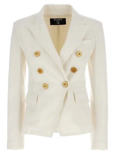 Balmain White Double-breasted Jacket With Peak Lapels And Logo Buttons In Fabric Women