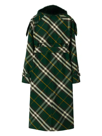 Burberry Check Belted Trench Coat With Faux Fur Collar