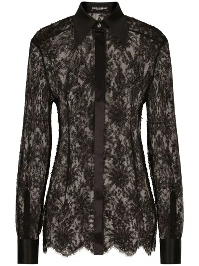 Dolce & Gabbana Black Slim Shirt With Satin Details In Chantilly Lace Woman