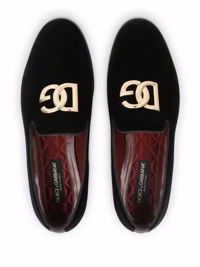Dolce & Gabbana Black Velvet Cotton Logo Loafers Dress Shoes