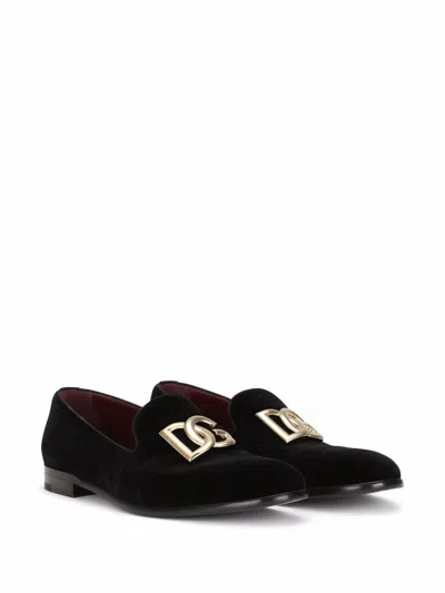 Dolce & Gabbana Black Velvet Cotton Logo Loafers Dress Shoes