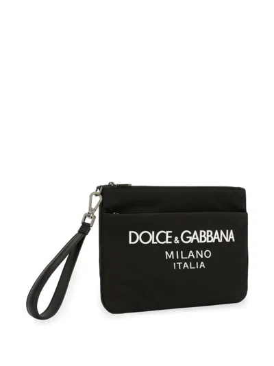 Dolce & Gabbana Black Pouch With Contrasting Rubberized Logo In Nylon