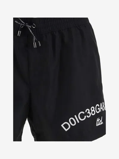 Dolce & Gabbana Black Swim Trunks With Contrasting Logo Print In Nylon Man In Black