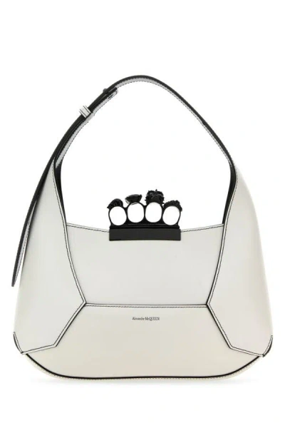 Alexander Mcqueen Women Silver Leather Jewelled Hobo Handbag Medium In White