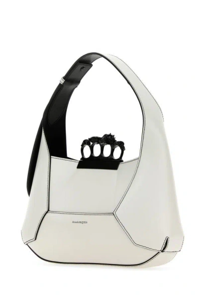Alexander Mcqueen Women Silver Leather Jewelled Hobo Handbag Medium In White