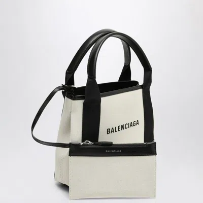 Balenciaga Two-tone Canvas Small Cobas Navy Handbag In Cream