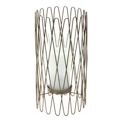 Homezia 14" Gold Iron And Glass Tabletop Hurricane Candle Holder