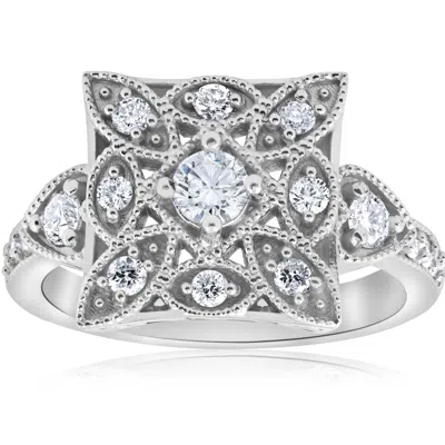 Pompeii3 1/2ct Vintage Diamond Ring Square Framed Filigree Band 10k White Gold In Multi
