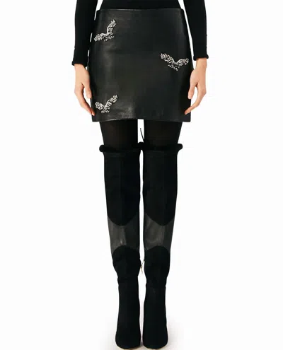 Nicole Miller Leather Mini Skirt In Black Embellished Eagle In Multi