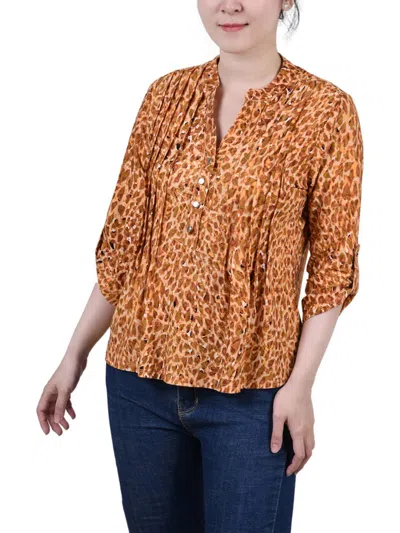 Ny Collection Petite 3/4 Roll Tab Sleeve Printed Pintuck Top In Yellow
