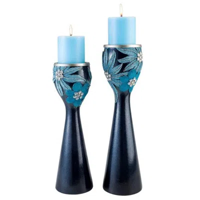 HOMEZIA SET OF TWO NAVY AND AQUA FLORAL BLING CANDLE HOLDERS WITH CANDLES 