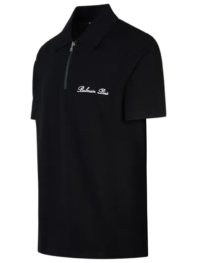 Shop Balmain 'signature' Black Cotton Polo Shirt