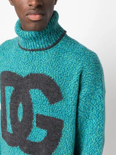 Dolce & Gabbana Intarsia Knit Dg Logo High-neck Sweater In Green