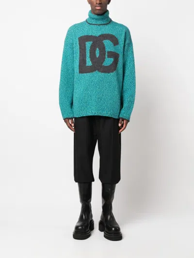 Dolce & Gabbana Intarsia Knit Dg Logo High-neck Sweater In Green