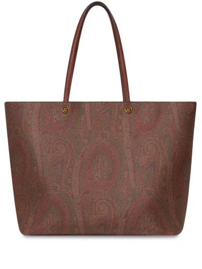 Etro Luxurious Xl Tote Handbag In Brown Leather With Paisley Print For Women