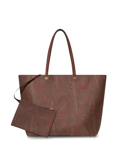 Etro Luxurious Xl Tote Handbag In Brown Leather With Paisley Print For Women
