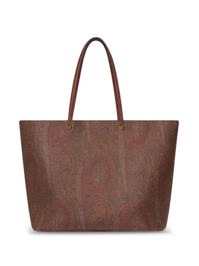 Etro Luxurious Xl Tote Handbag In Brown Leather With Paisley Print For Women