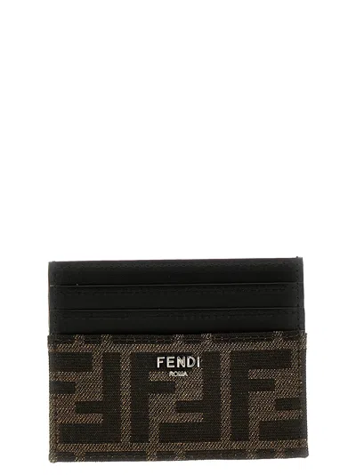 Fendi Brown Card-holder With Metal Lettering In Leather And Ff Canvas Man