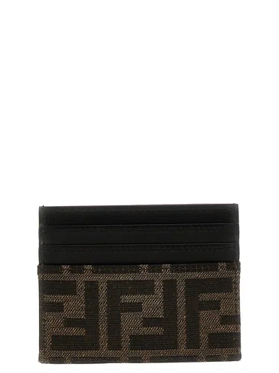 Fendi Brown Card-holder With Metal Lettering In Leather And Ff Canvas Man
