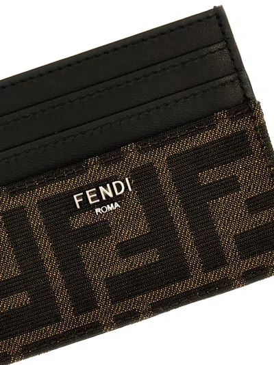 Fendi Brown Card-holder With Metal Lettering In Leather And Ff Canvas Man