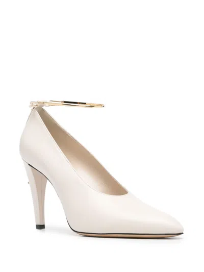 Fendi Almond Beige Pointed Pumps With Metallic Embellishments