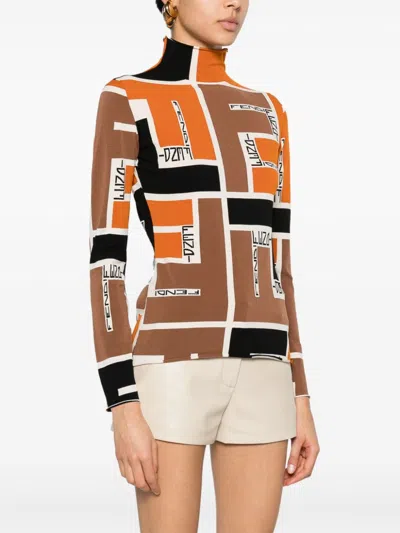 Fendi Turtleneck Stretch Fabric Top With Monogram Motif