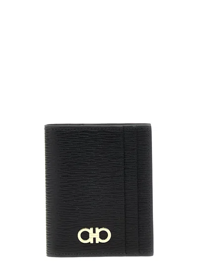 Ferragamo Black Cardholder With Gold-tone Gancini Logo In Calf Leather Man