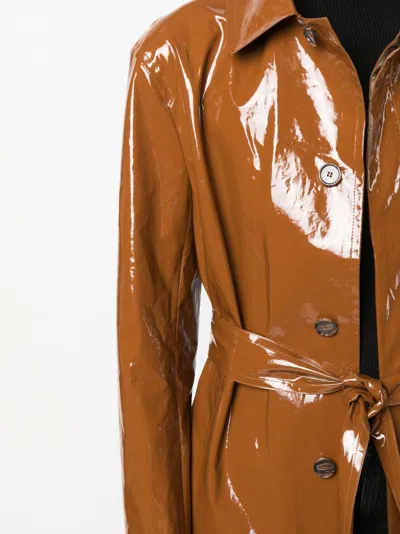 Filippa K Glossy Finish Trench Coat With Belted Waist In Brown