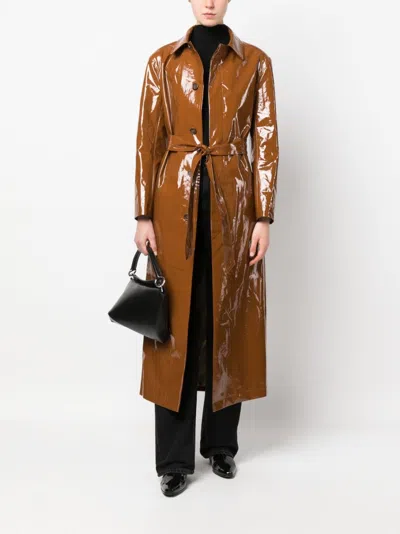 Filippa K Glossy Finish Trench Coat With Belted Waist In Brown
