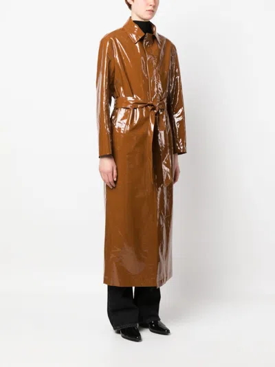 Filippa K Glossy Finish Trench Coat With Belted Waist In Brown
