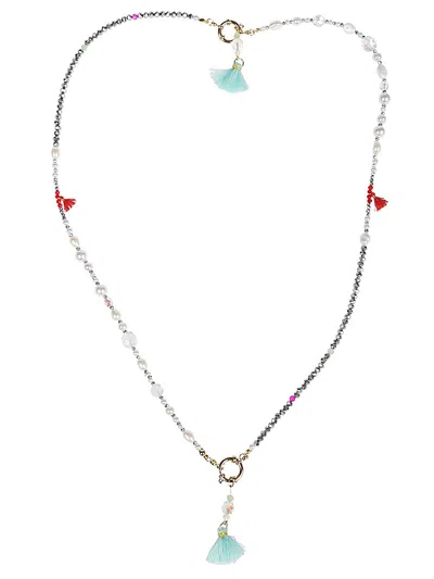 Fuerte Mirror Silver Beaded Tassel Drop Necklace