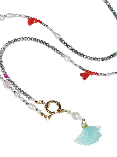 Fuerte Mirror Silver Beaded Tassel Drop Necklace