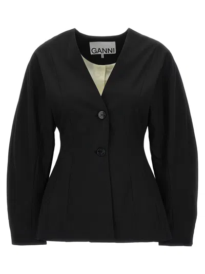 Ganni Black Fitted Drapey Melange Blazer