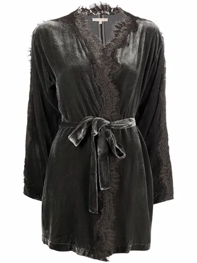 Gold Hawk Dark Grey Velvet Lace-trim Long Duster Jacket For Women
