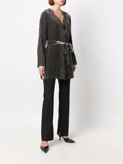 Gold Hawk Dark Grey Velvet Lace-trim Long Duster Jacket For Women