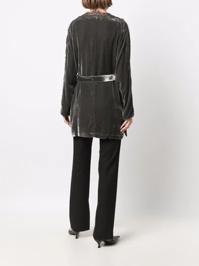 Gold Hawk Dark Grey Velvet Lace-trim Long Duster Jacket For Women