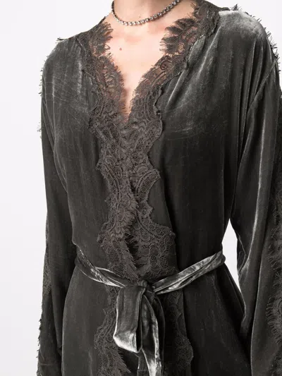 Gold Hawk Dark Grey Velvet Lace-trim Long Duster Jacket For Women