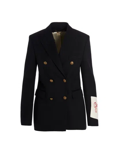 Golden Goose Blue Double-breasted Jacket With Peak Revers And Logo Plaque Detail