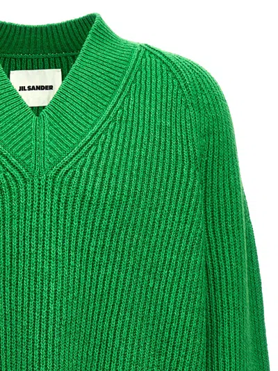 Jil Sander Oversized V Neck Ribbed Knit Sweater In Green
