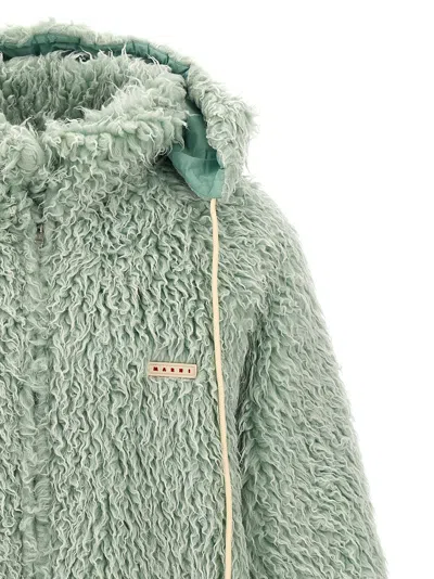 Marni Long Pile Shaggy Faux Fur Hooded Jacket Blue In Green