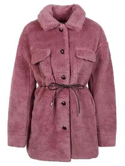 Molliolli Pink Faux Fur Jacket With Button Closure And Belt For Women