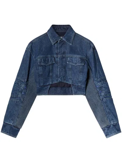 Off-white Cropped Denim Moto Jacket With Front Cutout