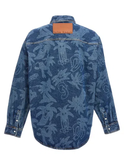 Palm Angels Printed Denim Oversize Shirt In Blue